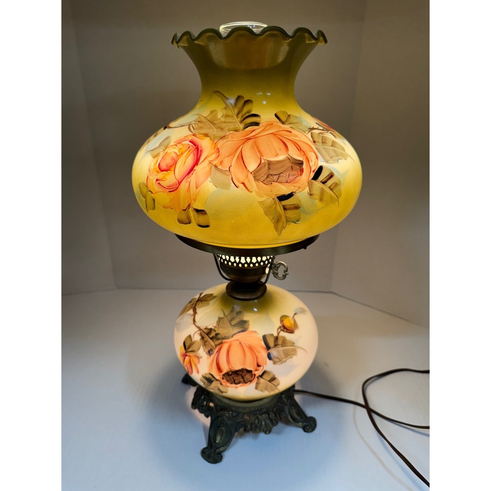 Vintage Gone with the Wind Hurricane Lamp Hand Painted Floral Green Orange Rose - Picture 8 of 8